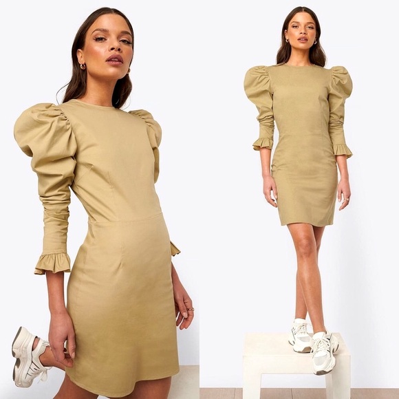 NWT NA-KD Long Puff Sleeve Beige Mini Dress | 6 - Picture 1 of 7